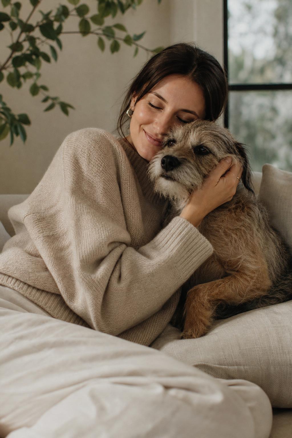 A woman smiling and cuddling her dog on a linen sofa