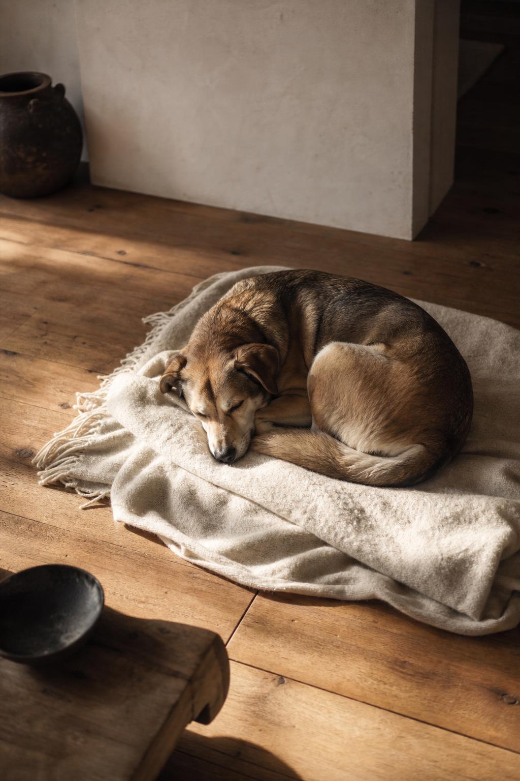 A sleepy dog curled on a wool blanket on warm oak floor