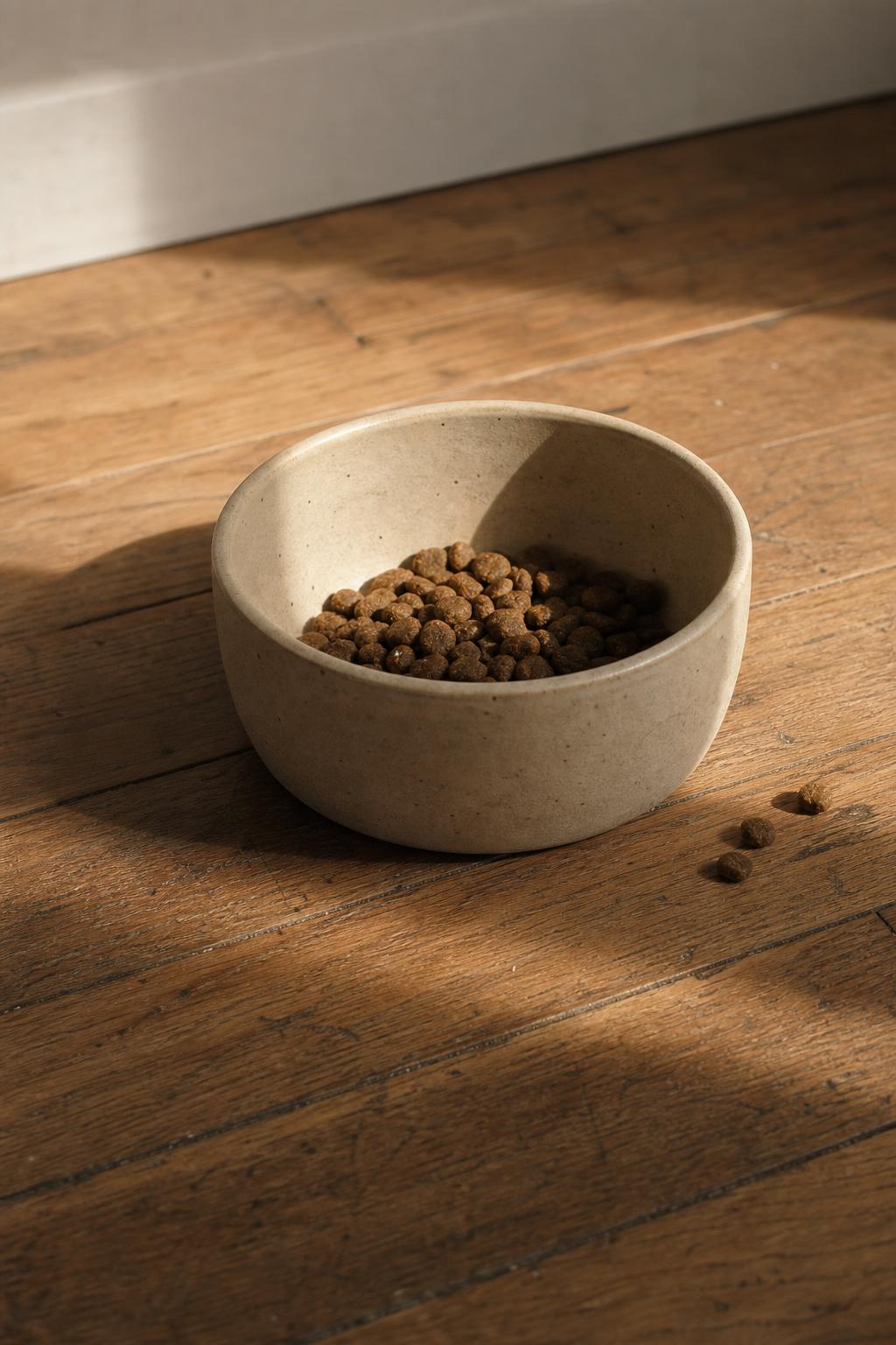 A handmade ceramic dog bowl on an oak floor