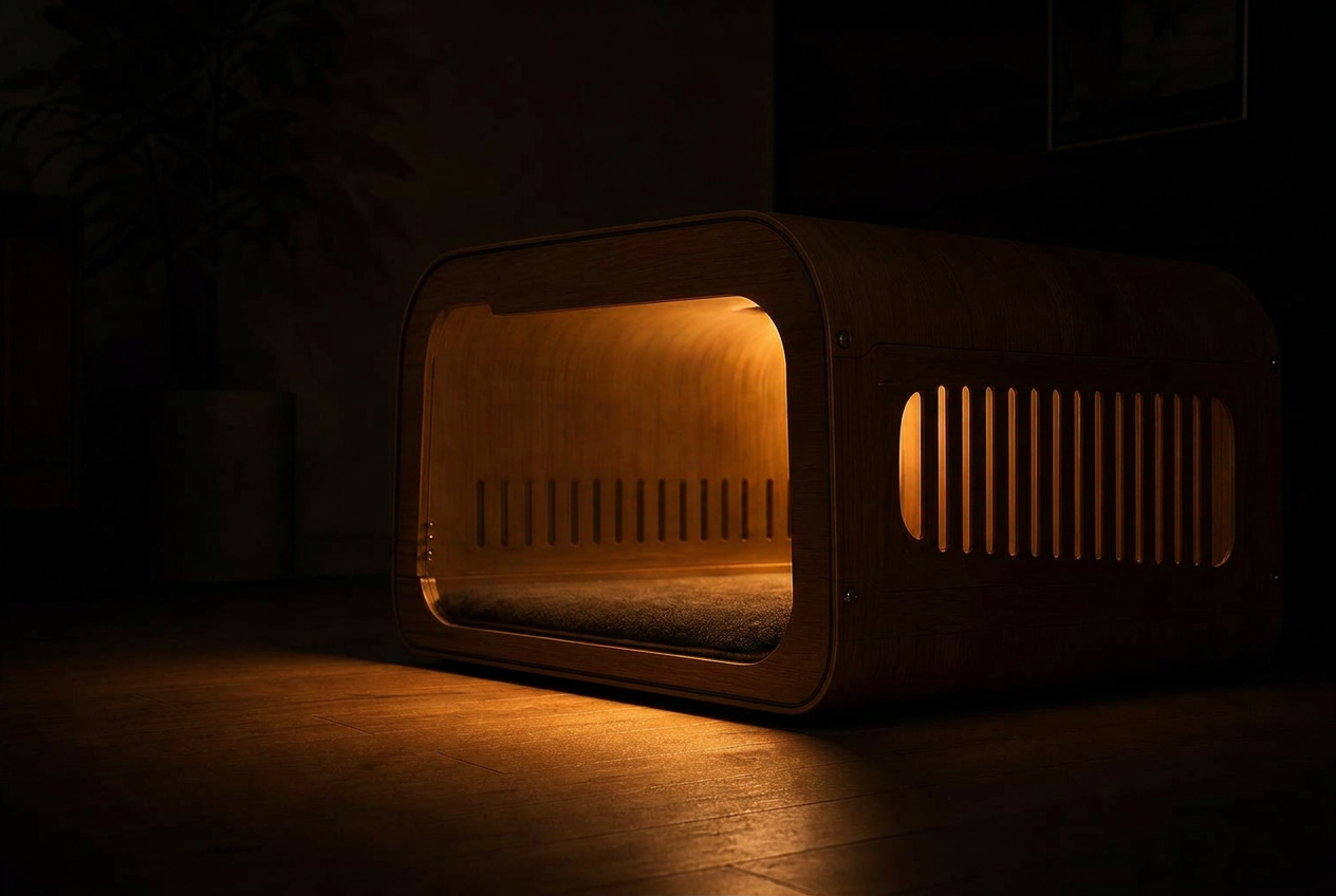 A warm lamp glow on dark oak furniture in a dim room